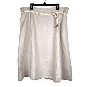 Ulla Popken 100% Linen Midi Skirt Elastic Waist Tie Rope Beige Sz 18